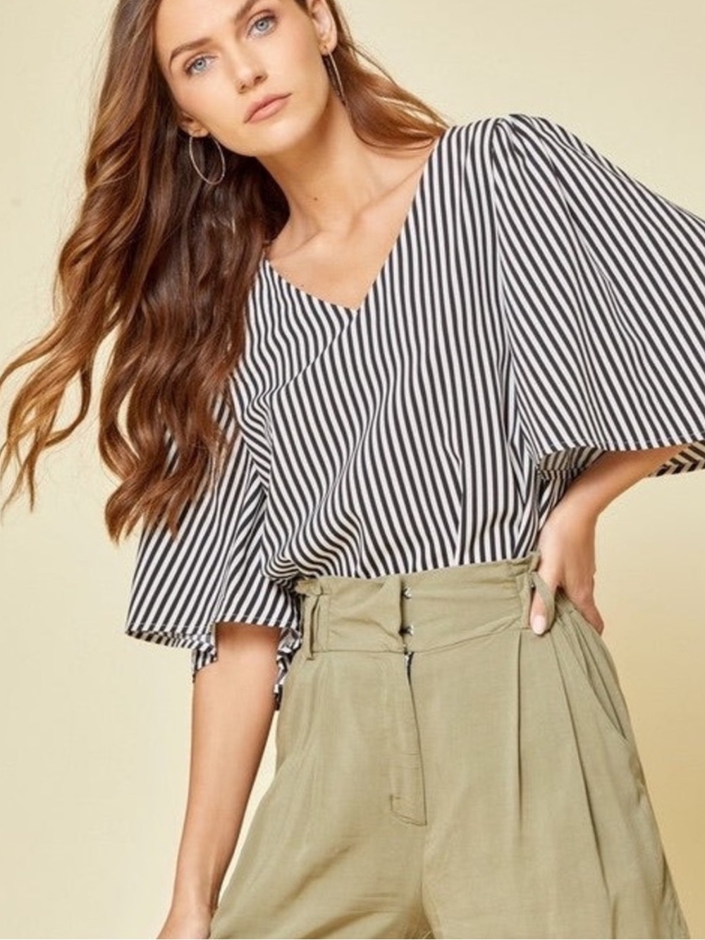 Savanna Jane | Striped V-Neck Flutter Sleeve Blouse Black White, Size M, NWT
